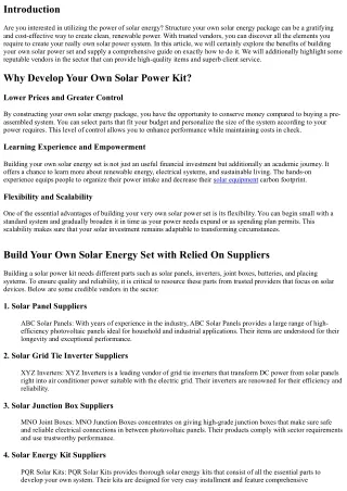 Develop Your Own Solar Power Kit with Trusted Distributors