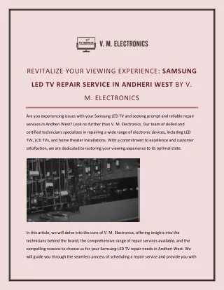REVITALIZE YOUR VIEWING EXPERIENCE SAMSUNG LED TV REPAIR SERVICE IN ANDHERI WEST BY V. M. ELECTRONICS