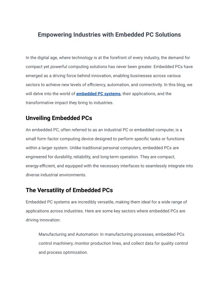 empowering industries with embedded pc solutions