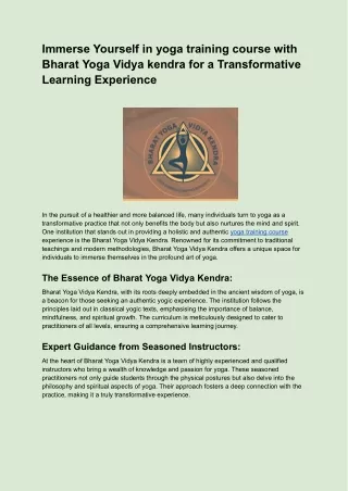 Immerse Yourself in yoga training course with Bharat Yoga Vidya kendra for a Transformative Learning Experience
