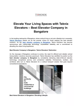 Elevate Your Living Spaces with Teknix Elevators – Best Elevator Company in Bangalore