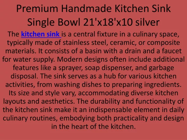 premium handmade kitchen sink single bowl 21 x18 x10 silver