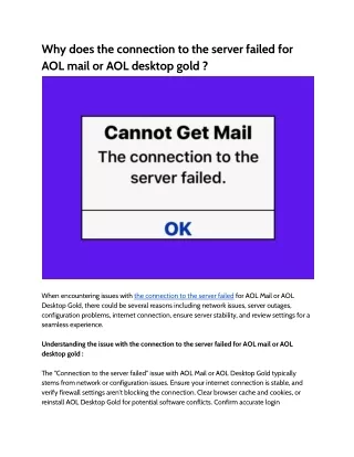 Why does the connection to the server failed for AOL mail or AOL desktop gold ?
