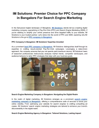 IM Solutions - Premier Choice for PPC Company in Bangalore For Search Engine Marketing