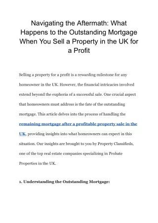 Navigating the AftermathWhat Happens to the Outstanding Mortgage When You Sell a Property in the UK for a Profit