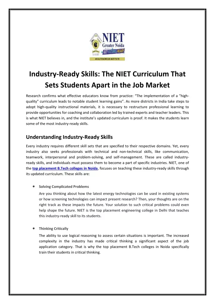 industry ready skills the niet curriculum that