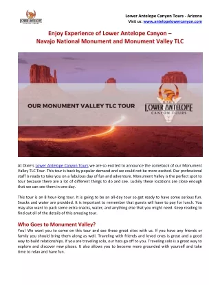 Enjoy Experience of Lower Antelope Canyon, Navajo National Monument and Monument Valley TLC