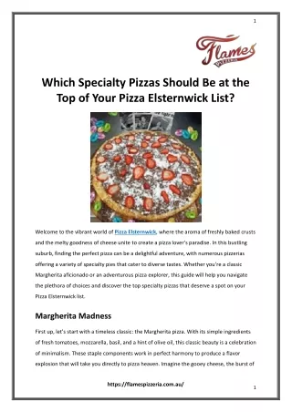 Which Specialty Pizzas Should Be at the Top of Your Pizza Elsternwick List