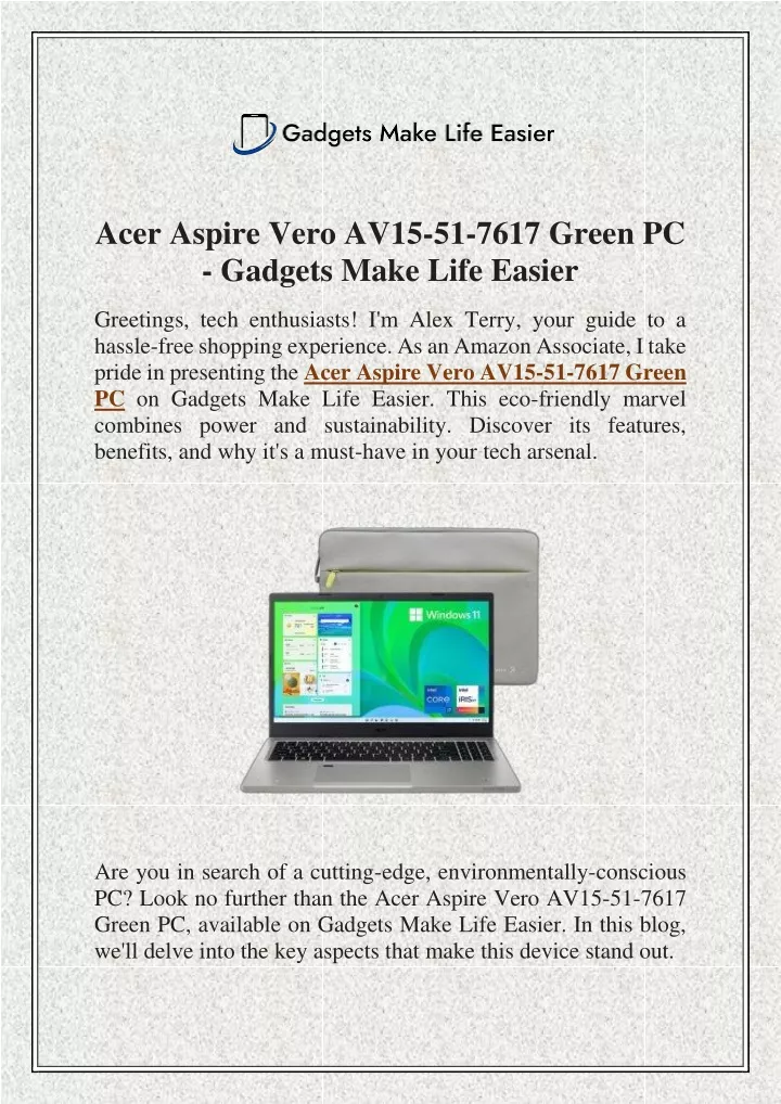 Ppt Acer Aspire Vero Av Green Pc Gadgets Make Life Easier Powerpoint Presentation