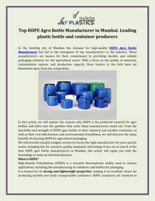 Top HDPE Agro Bottle Manufacturer in Mumbai. Leading plastic bottle and container producers