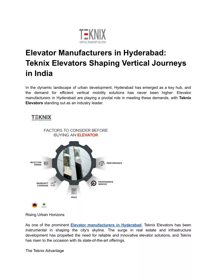 elevator manufacturers in hyderabad teknix