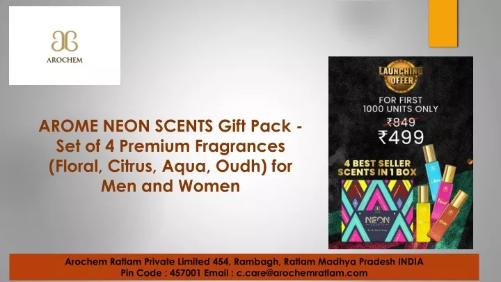 arome neon scents gift pack set of 4 premium fragrances floral citrus aqua oudh for men and women