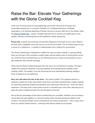 Raise the Bar-  Elevate Your Gatherings with the Gloria Cocktail Keg