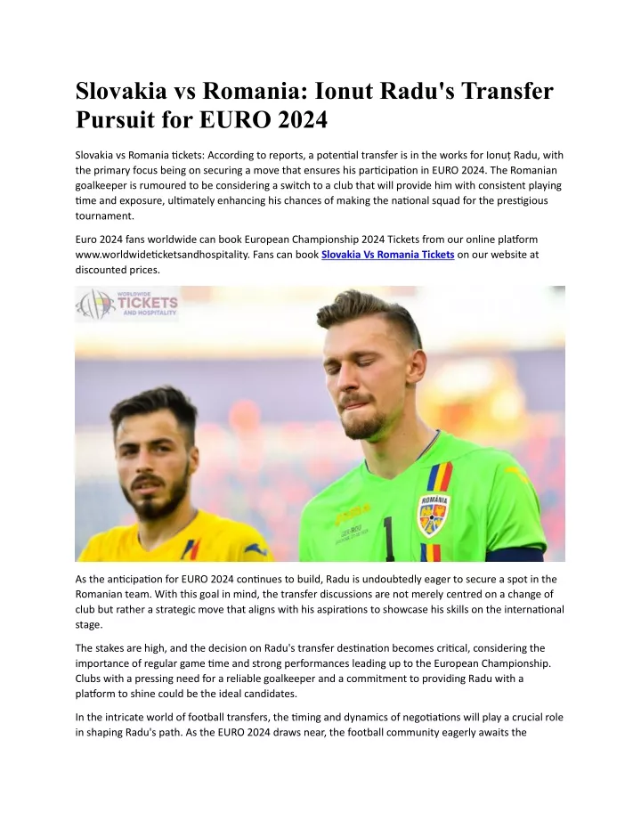 PPT - Slovakia vs Romania Ionut Radu's Transfer Pursuit for EURO 2024