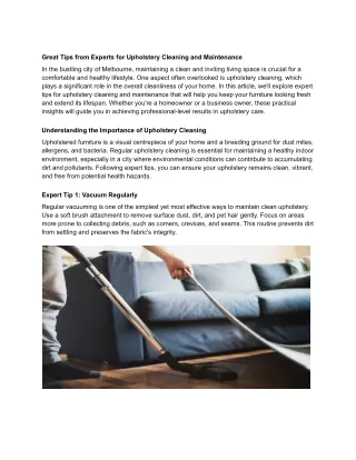 Great Tips from Experts for Upholstery Cleaning and Maintenance