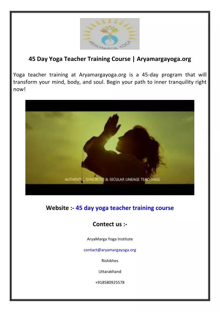 45 day yoga teacher training course aryamargayoga