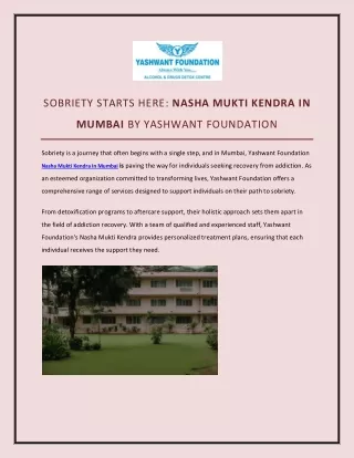 SOBRIETY STARTS HERE NASHA MUKTI KENDRA IN MUMBAI BY YASHWANT FOUNDATION
