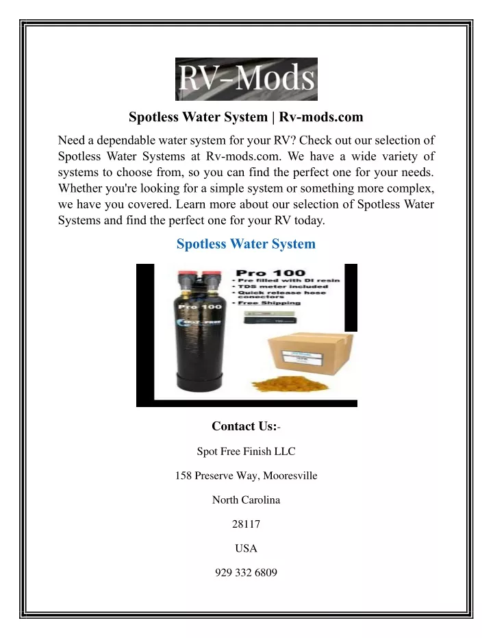 spotless water system rv mods com