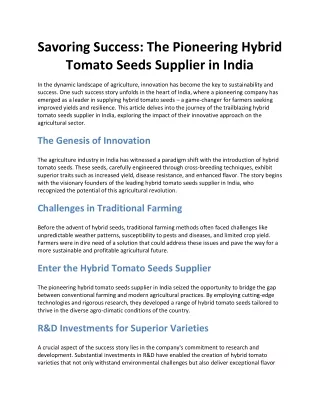 Savoring Success: The Pioneering Hybrid Tomato Seeds Supplier in India