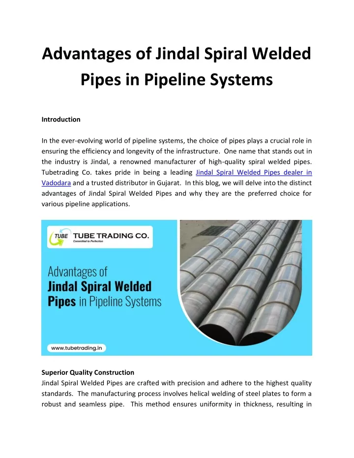 advantages of jindal spiral welded pipes