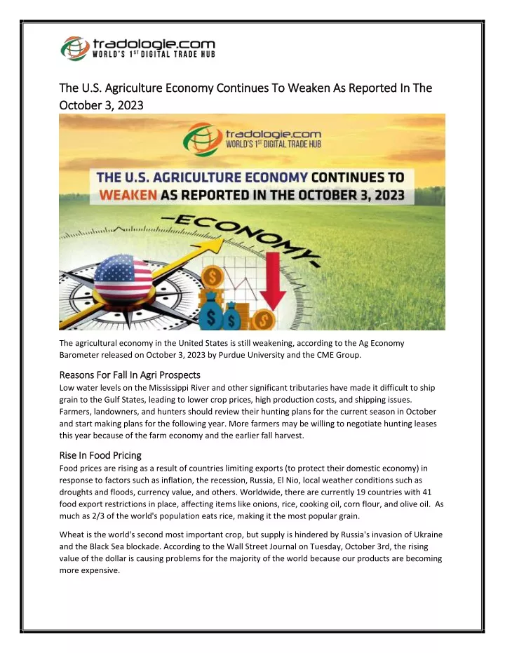 the u s agriculture economy continues to weaken