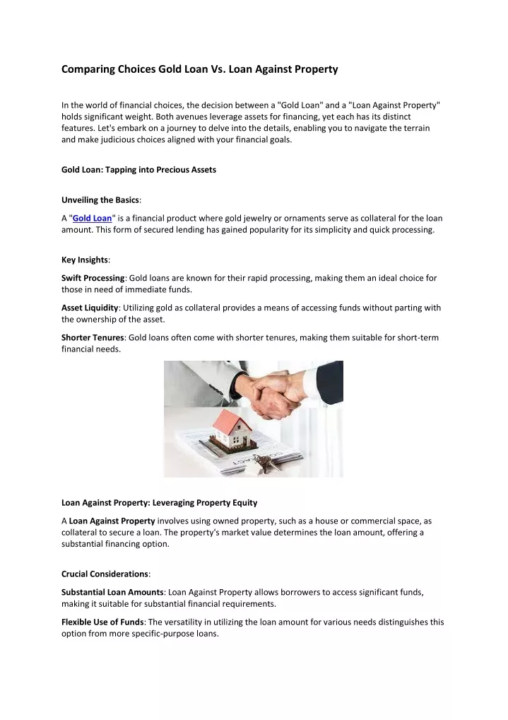 comparing choices gold loan vs loan against