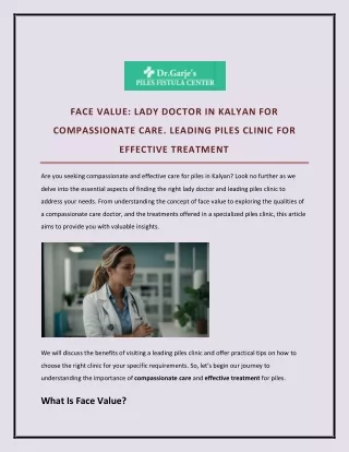 Face Value Lady doctor in Kalyan for compassionate care. Leading piles clinic for effective treatment