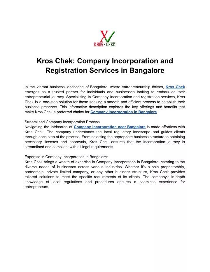 kros chek company incorporation and registration