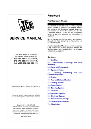 JCB 535-v125 Telescopic Handler Service Repair Manual SN from 2460601 onwards