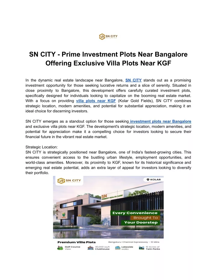sn city prime investment plots near bangalore