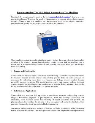 Ensuring Quality: The Vital Role of Vacuum Leak Test Machines