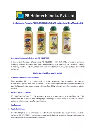 Revolutionizing Packaging PB HOLOTECH INDIA PVT. LTD. and the Art of Blow Moulding IML