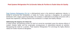 Peak Systems Refrigeration Pvt Ltd Unveils Voltas Air Purifiers to Tackle Urban Air Quality