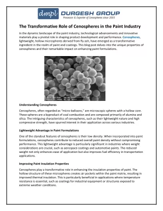 The Transformative Role of Cenospheres in the Paint Industry