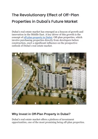 The Revolutionary Effect of Off-Plan Properties in Dubai's Future Market