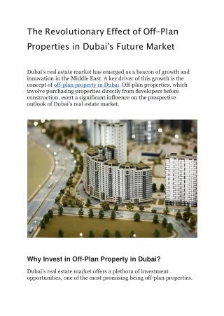 The Revolutionary Effect of Off-Plan Properties in Dubai's Future Market