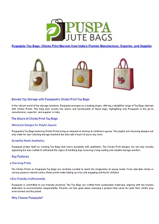 Puspajute Toy Bags Chicks Print India's Premier Manufacturer, Exporter, and Supplier