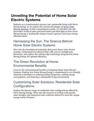 Unveiling the Potential of Home Solar Electric Systems