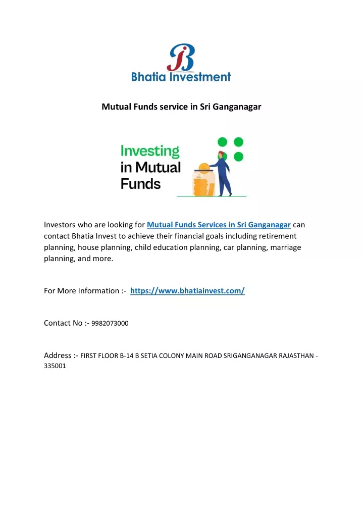 mutual funds service in sri ganganagar
