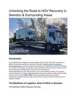 Unlocking the Road to HGV Recovery in Swindon & Surrounding Areas