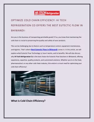 OPTIMIZE COLD CHAIN EFFICIENCY HI TECH REFRIGERATION CO OFFERS THE BEST EUTECTIC FLOW IN BHIWANDI!