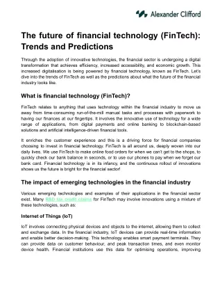 The future of financial technology (FinTech) - Trends and Predictions
