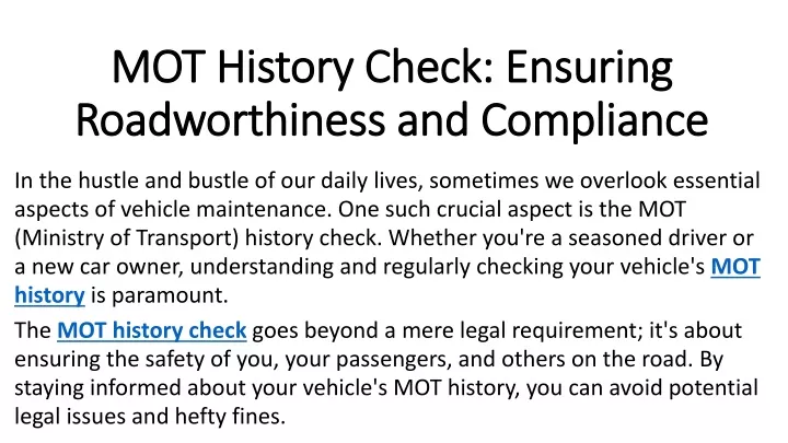 mot history check ensuring roadworthiness and compliance
