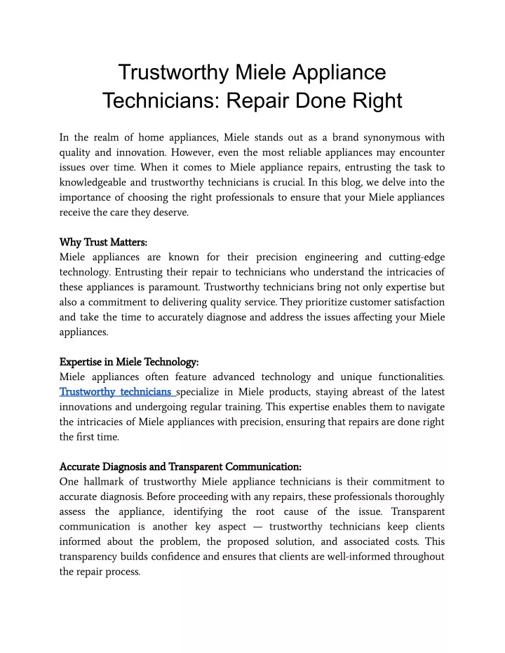 trustworthy miele appliance technicians repair