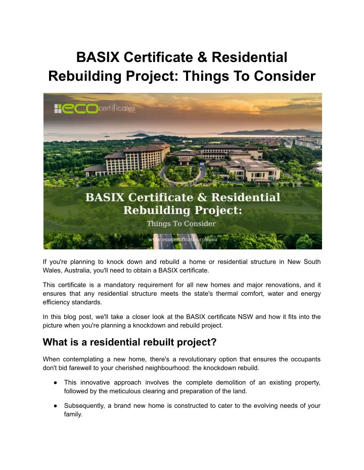 basix certificate residential rebuilding project