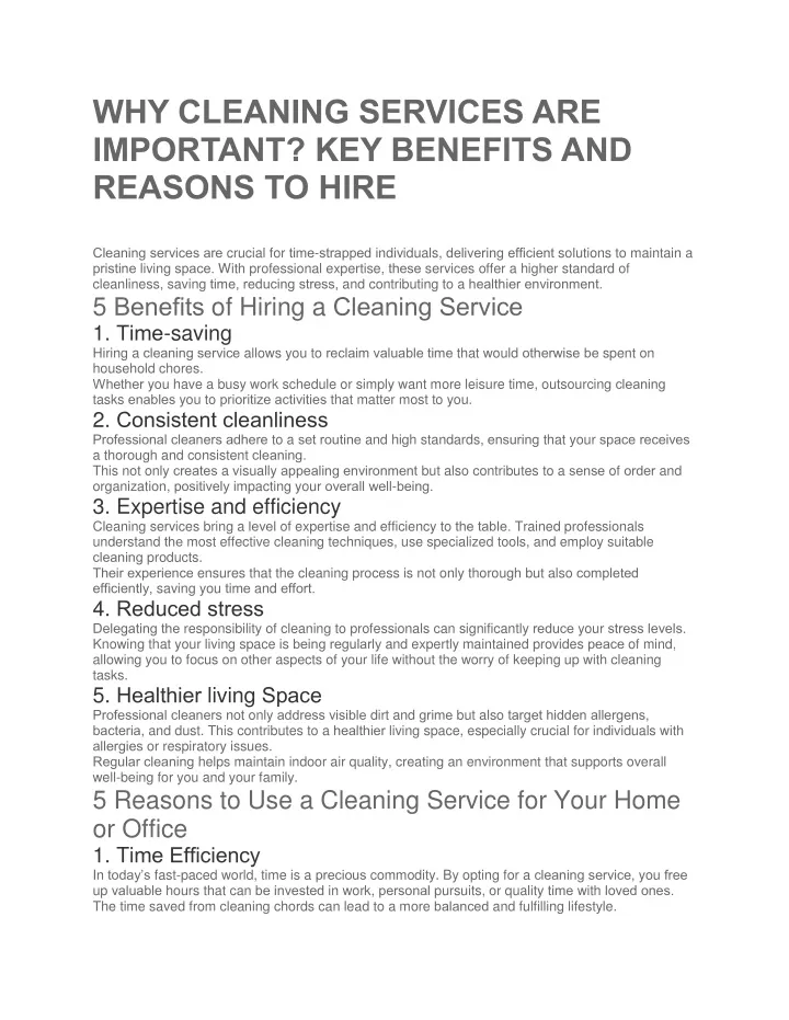 why cleaning services are important key benefits