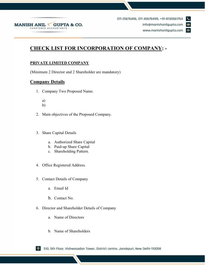 check list for incorporation of company