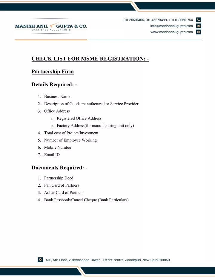 check list for msme registration partnership firm