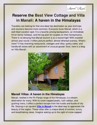 reserve the best view cottage and villa in manali