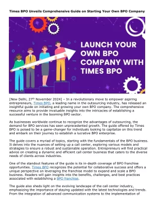 Times BPO Unveils Comprehensive Guide on Starting Your Own BPO Company